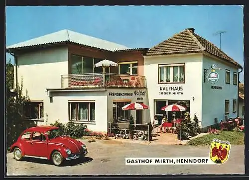 AK Henndorf, Gasthof und Kaufhaus Josef Mirth, VW-Käfer