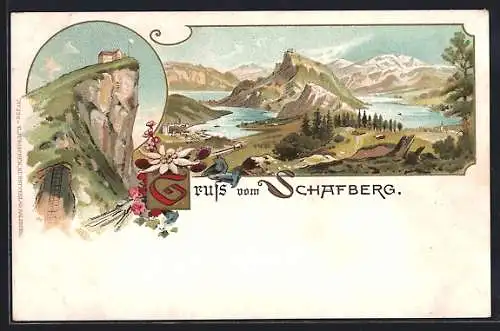 Lithographie Schafberg, Gasthaus auf dem Schafberg, Panorama von Ort, See und Berg