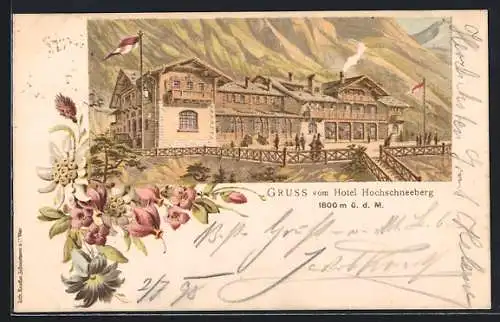 Lithographie Puchberg am Schneeberg, Gruss vom Hotel Hochschneeberg, Blumenranke