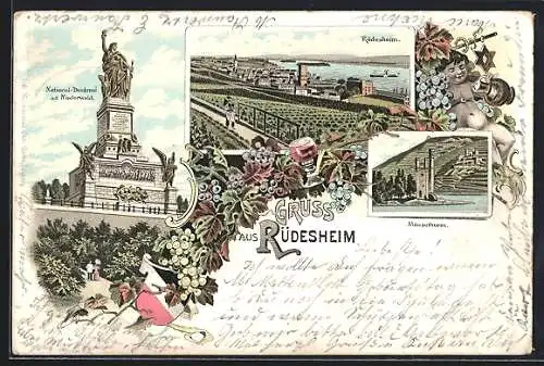 Lithographie Rüdesheim / Rhein, National-Denkmal auf dem Niederwald, Ortsansicht, Mäusethurm