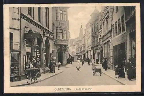 AK Oldenburg / Old., Langestrasse mit Geschäften von Onken und A. Reinhardt