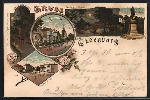 Lithographie Oldenburg / Grossh., Casino-Platz, Gottorp-Strasse, Befestigungsturm, Friedrich Ludwig-Denkmal