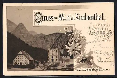 Lithographie St. Martin bei Lofer, Maria Kirchenthal, Kirche, Edelweiss