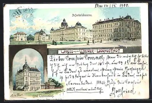 Künstler-AK Wien, Donaustadt, Hotel Theresienhof, Infanteriekaserne