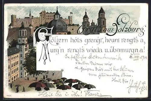 Regen-Lithographie Salzburg, Teilansicht der Stadt mit Regenschirmträgern