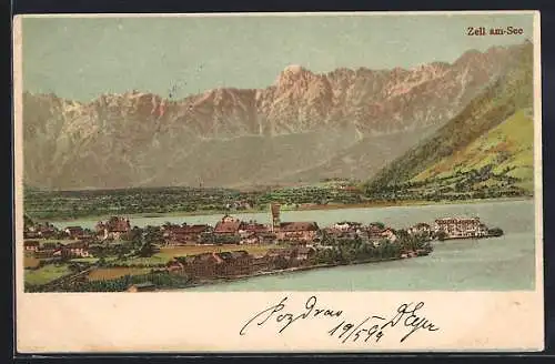 Lithographie Zell am See, Ansicht mit den Bergen