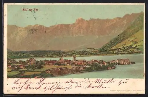 Lithographie Zell am See, Ortsansicht mit See und Gebirge