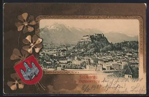 AK Salzburg, Panoramablick vom Kapuzinerberg, Wappen und Glücksklee