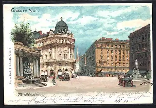 Lithographie Wien, Strassenkreuzung am Albrechtsbrunnen