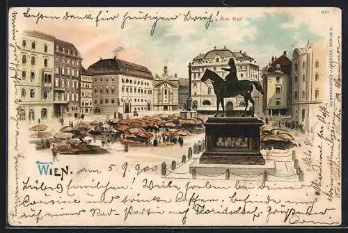 Lithographie Wien, Am Hof mit Markt und Denkmal