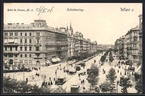 AK Wien I, das Hotel de Franze auf dem Schottenring, STrassenbahnen unterwegs