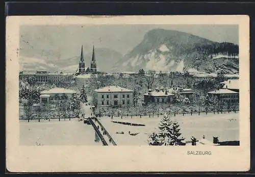 AK Salzburg, Ortsansicht mit Kirche im Schnee