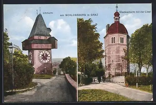 AK Graz, Uhrturm und Glockenturm mit der Liesl am Schlossberg