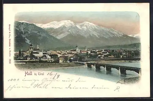 AK Hall in Tirol, Panorama mit Brücke und Bergen