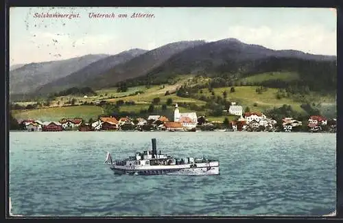 AK Unterach am Attersee, Dampfer und Blick nach dem Ufer