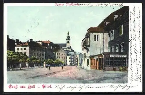 AK Hall, Unterer Stadtplatz mit Geschäften