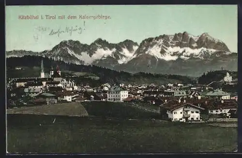 AK Kitzbühel, Gesamtansicht mit Kaisergebirge aus der Vogelschau