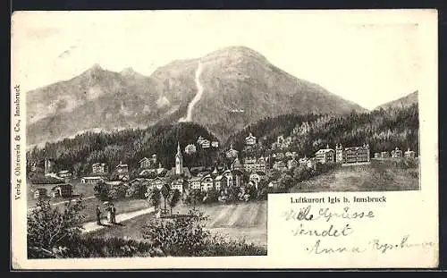 Künstler-AK Igls bei Innsbruck, Ortsansicht mit Bergpanorama