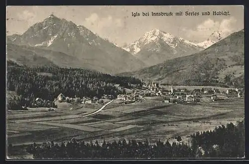 AK Igls bei Innsbruck, Ortsansicht mit Feldern, Serles und Habicht aus der Vogelschau