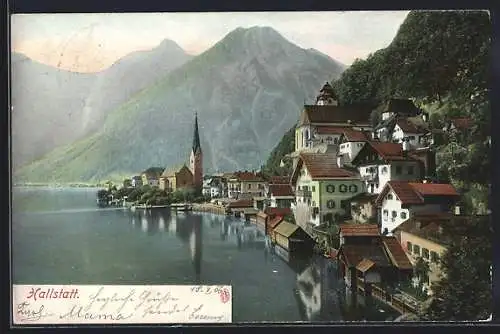 AK Hallstatt, Ortsansicht gegen die Berge