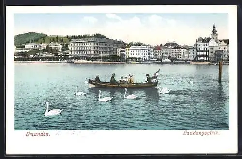 AK Gmunden, Landungsplatz mit Schwänen und Boot