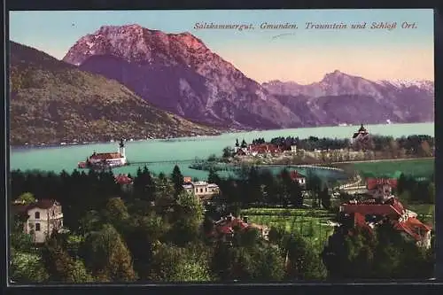 AK Gmunden /Salzkammergut, Ortsansicht mit Traunstein u. Schloss Ort