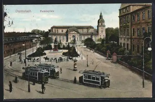 AK Darmstadt, Paradeplatz mit Strassenbahnen