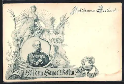 AK 25 jähriges Regierungsjubiläum König Albert von Sachsen 1873-1898, Heil dem Haus Wettin, Engel