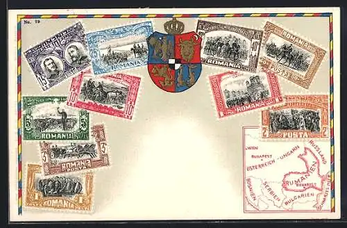 AK Rumänien, Briefmarken, Landkarte, Wappen