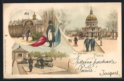 Lithographie Paris, Les Invalides, Napoleon, Geschütz