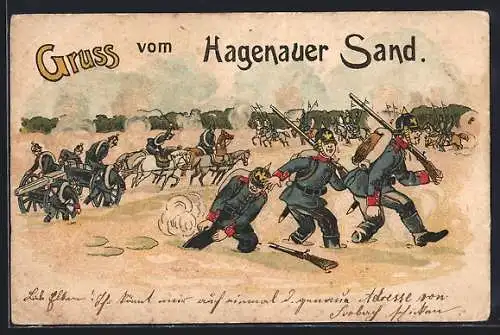 Lithographie Hagenauer Sand, Soldaten beim Kaisermanöver