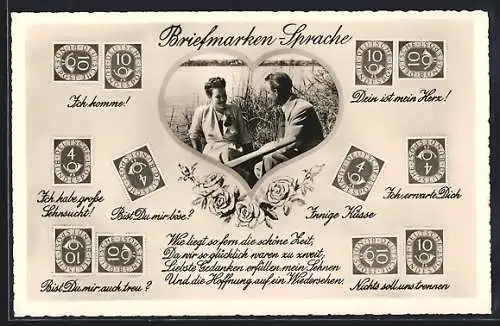 AK Briefmarkensprache, Liebespaar am See in einem Herz, versch. Briefmarken