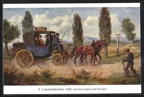 Künstler-AK Lohnkutscherfahrt 1836 zwischen Leipzig und Dresden