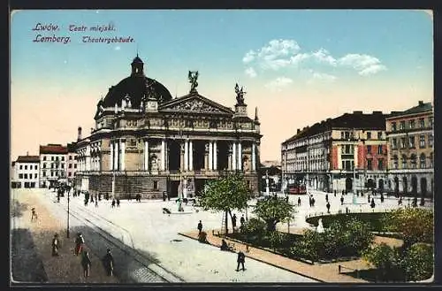 AK Lemberg, Strassenbahn vor dem Theatergebäude