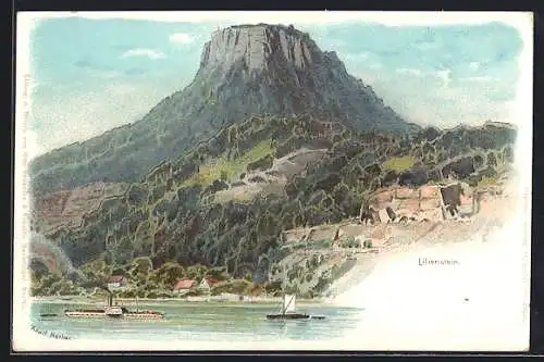 Lithographie Königstein / Elbe, Totale mit Lilienstein