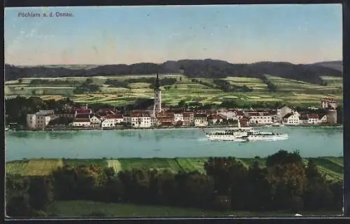 AK Pöchlarn a. d. Donau, Ortsansicht mit Donaudampfer aus der Vogelschau