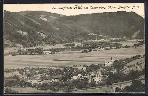 AK Küb am Semmering, Totalansicht mit Bergpanorama aus der Vogelschau