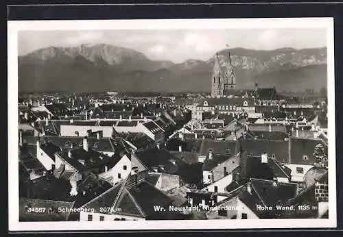 AK Wr. Neustadt, Teilansicht mit Schneeberg u. Hohe Wand aus der Vogelschau