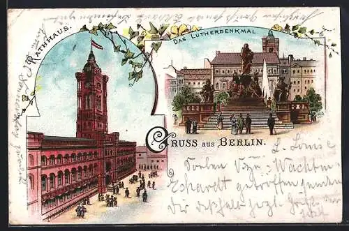 Lithographie Berlin, Rathaus, Lutherdenkmal, Efeuranken, Um 1900, Neuer Markt