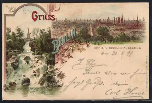 Lithographie Berlin-Kreuzberg, Gesamtansicht und Wasserfall im Victoriapark