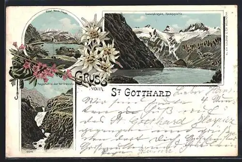 Lithographie St. Gotthard, Hotel Monte Proga, Lucendrosee, Reussquelle und Tessingfall in der Val Tremola