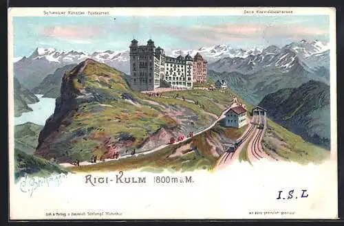 Künstler-AK C. Steinmann Nr. 2070: Rigi-Kulm, Hotel auf dem Gipfel, Bergbahn, Leute