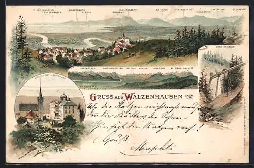 Lithographie Walzenhausen, Hotel Rheinsburg, Drahtseilbahn, Panorama