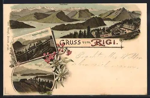 Lithographie Rigi, Ansichten von Känzeli, Kaltbad und Schnurtobelbrücke