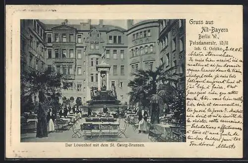 AK Berlin-Tiergarten, Bayernhof von G. Oehlke, Potsdamer Strasse 10 /11, Löwenhof mit St. Georg-Brunnen