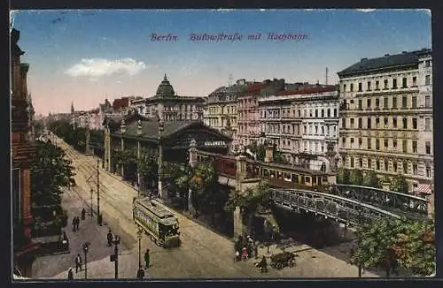 AK Berlin-Schöneberg, Bülowstrasse mit Hochbahn, Strassenbahn neben dem Bahnhof