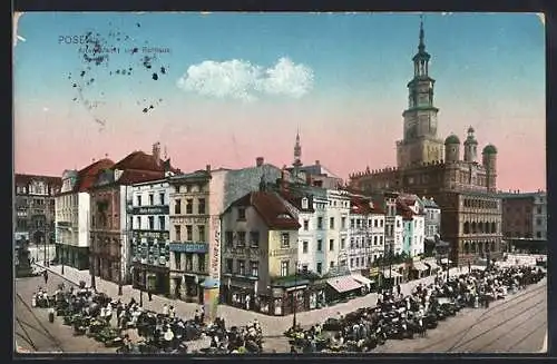 AK Posen / Poznan, Alter Markt und Rathaus mit Marktständen