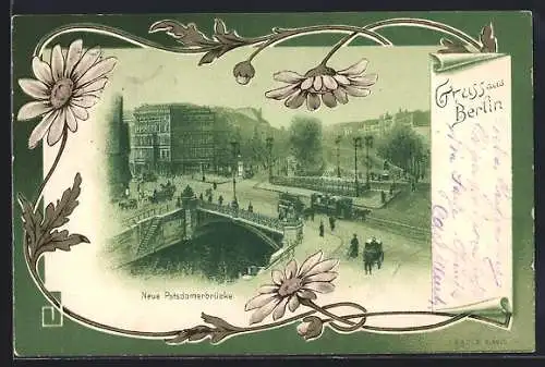 Lithographie Berlin-Tiergarten, Neue Potsdamerbrücke mit Passanten