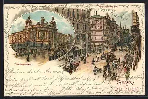 Lithographie Berlin, Friedrichstrasse Ecke Jägerstrasse, Reichspostamt, Pferdebahn