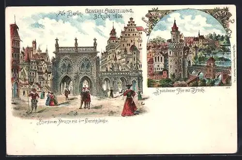 Lithographie Berlin, Gewerbeausstellung 1896, Spandauer Tor mit Brücke, Spandauer Strasse mit der Gerichtslaube